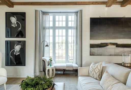living room with white frame a-series window